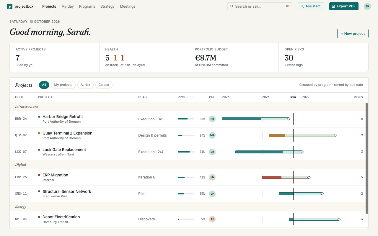 Portfolio view comparing progress, budget and risk across all projects
